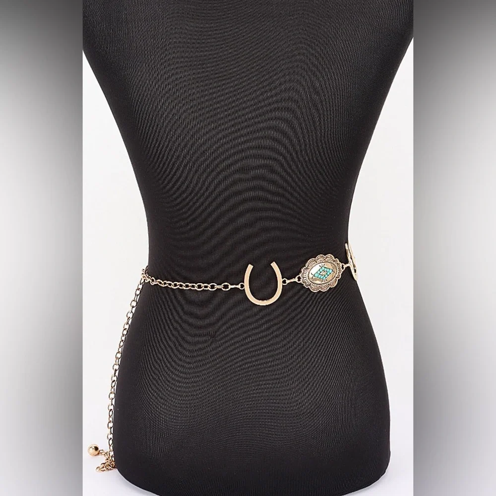 Gold or Silver Western Horseshoe Concho Chain Statement Belt w/ Turquoise Accent